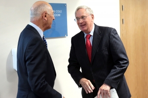 John Cole (L) and HRH Duke of Gloucester share a few words as the John Cole Dining Room plaque is revealed